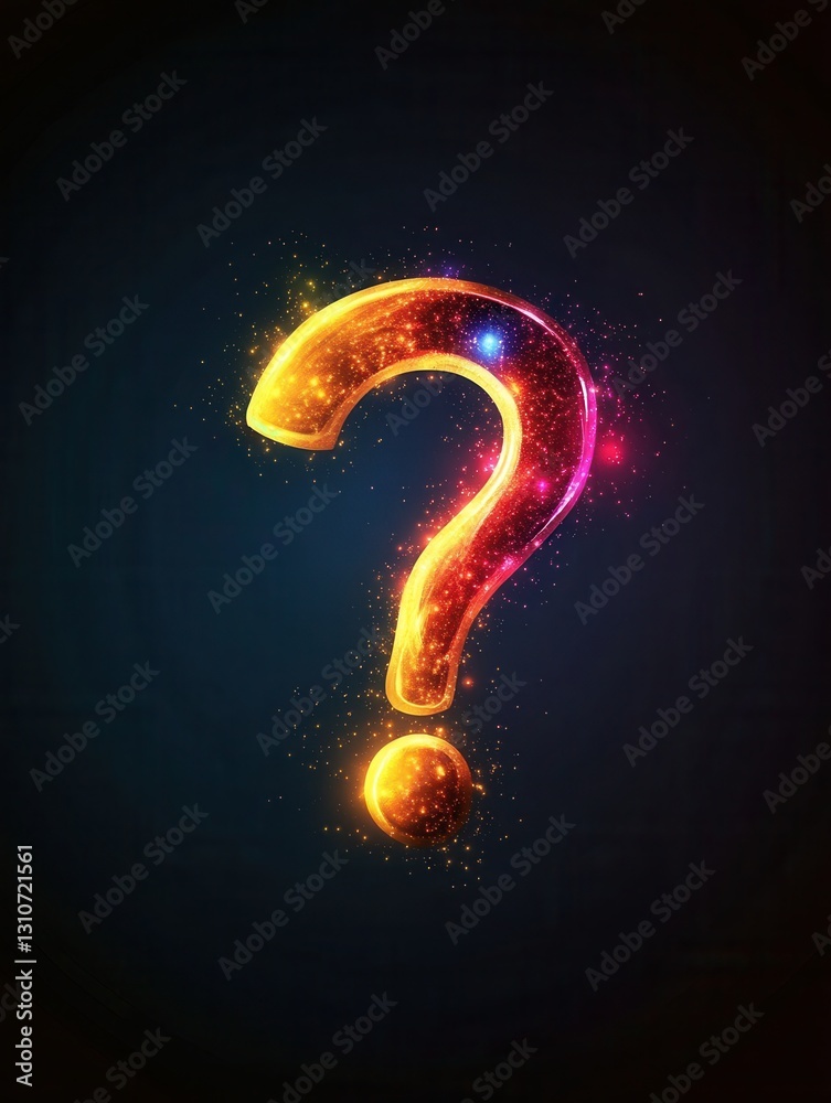 Aufkleber modern minimalist icon of a glowing question mark with light bursts on a dark background
