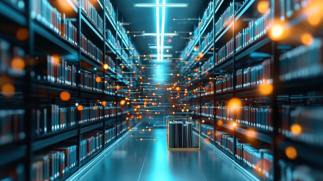 A high-tech library with interactive books and holographic displays