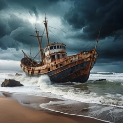 Obraz premium Rusty Shipwreck on Stormy Beach