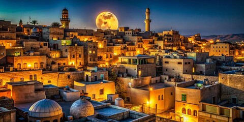 Obraz premium Moonlit Middle Eastern Cityscape: Traditional Architecture at Night