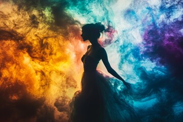 Silhouette of Woman in Colorful Smoke Swirl with Ethereal Vibe