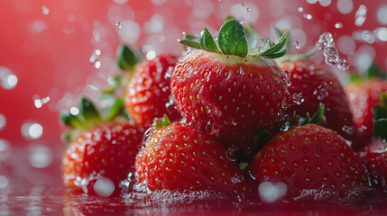 A realistic illustration of fresh strawberries with a dynamic water splash, creating a sense of freshness and deliciousness. Perfect for food product design, health branding, and fresh fruit promotion
