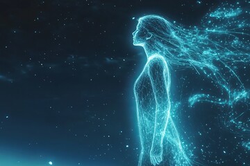 Ethereal Woman with Flowing Hair in Cosmic Light Stream