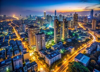 Fototapeta premium Mumbai Night Aerial View: Vibrant Cityscape with Streetlights & Copy Space