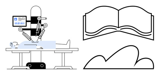 Robotic arm performing surgery on a patient under precise control, alongside symbols of an open book and a cloud. Ideal for healthcare, AI, knowledge sharing, data storage, innovation, technology