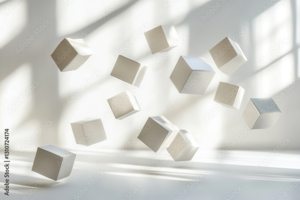 Aufkleber Floating minimalist 3D geometric shapes create a futuristic design with soft shadows and elegant reflections in a serene white setting