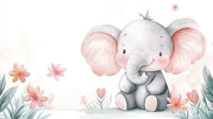An adorable watercolor illustration featuring a sitting baby elephant