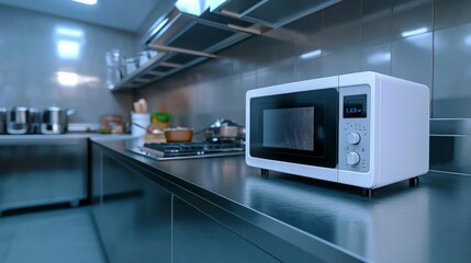 Obraz premium Modern Kitchen Microwave Oven Stainless Steel Countertop Appliance