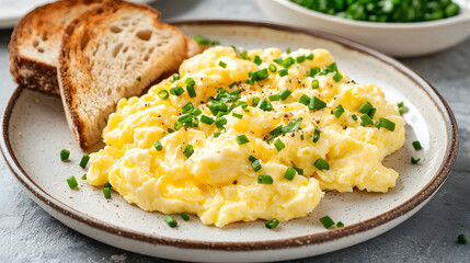 Freshly Whisked Scrambled Eggs Served with Toast and Chopped Scallions on a Rustic Plate