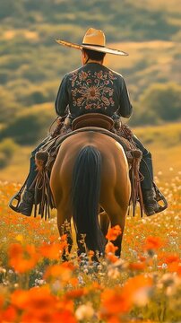 Traditional ranchero in an embroidered charro outfit rides in golden countryside with wildflowers at sunset, embodying spirit of heritage, equestrian culture. Vertical video made using Generative AI