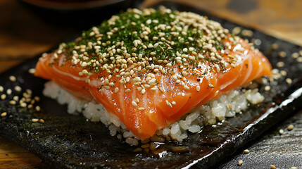 Grilled Salmon on Rice with a Sprinkle of Sesame Seeds and Seaweed Flakes