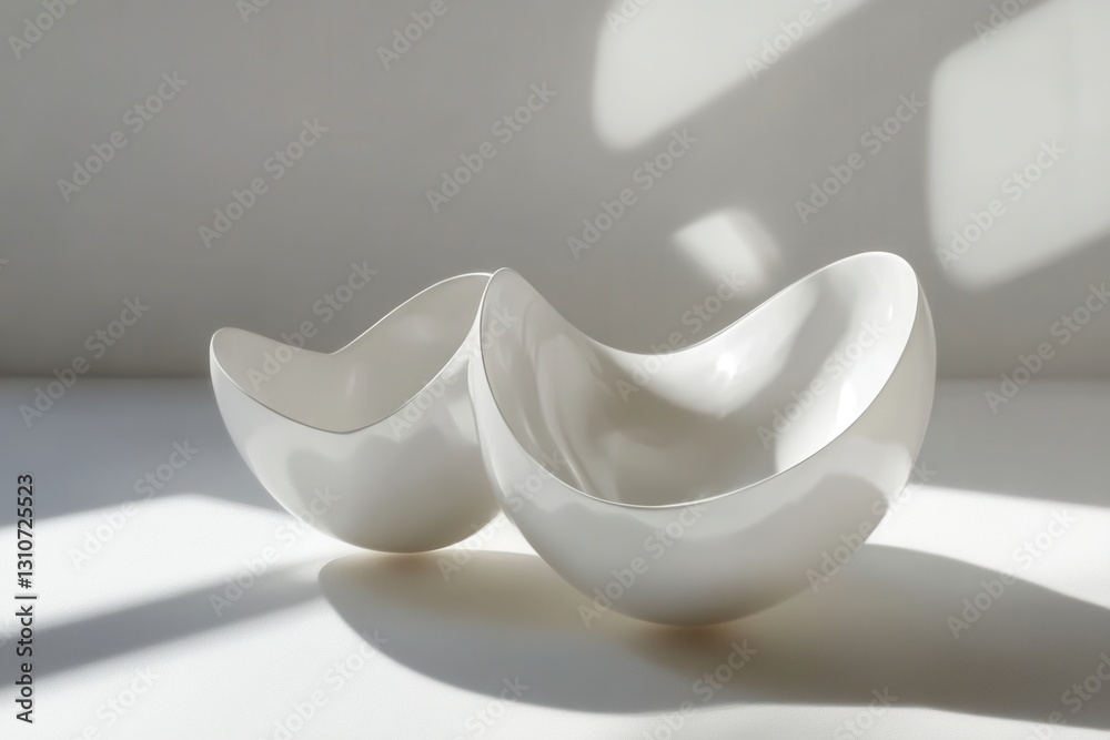 Poster Elegant minimalist floating 3D shapes exhibit soft shadows and light reflections in a futuristic design setting on a white background