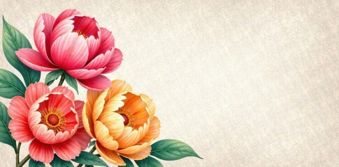 Vibrant watercolor peonies in shades of coral and yellow on a textured linen background, ornamental flower, peony flower, botanical illustration