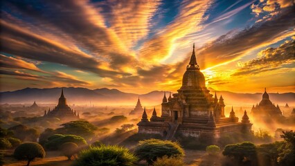 Mystical Bagan: Double Exposure of Ancient Pagodas and Serene Sky