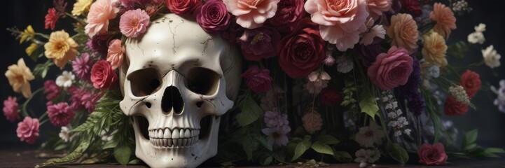Obraz premium Victorian-style flowers surround a human skull, floral wreath, skull wreath, vintage skull