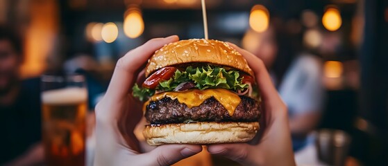Close up view of a delectable burger with a toasted bun juicy patty melted cheese fresh lettuce tomato and onion held in a person s hands at a warm and inviting pub or restaurant environment