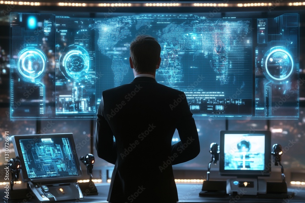 Poster a man in a suit stands in front of a computer monitor with a map of the world on