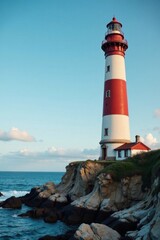 Vintage lighthouse standing alone on rocky coastline, atmospheric, lighthouse, ocean