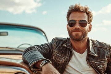 A man in a leather jacket with zipper details, distressed jeans, and aviator sunglasses, leaning against a vintage car