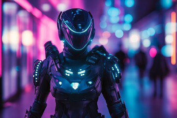 Naklejka premium A woman in a futuristic costume stands in a brightly lit room