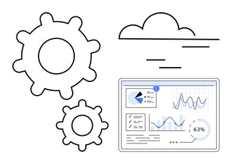 Gears beside cloud and data dashboard with graphs, charts, and analytics. Ideal for technology, data processing, cloud computing, IT development, automation, business strategy innovation themes