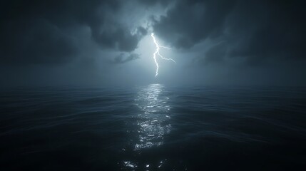 Lightning strike over dark ocean at night.