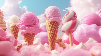 Sweet sugary ice cream cones and treats in a whimsical setting