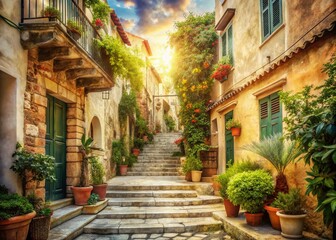 Fototapeta premium Nafplio Greece: Cozy Old Town Street Double Exposure Photo - Charming Houses & Stairs