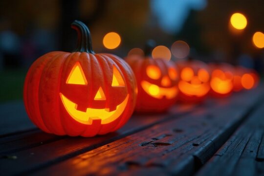 Warm glow of pumpkin lanterns on dark wood table , leaves, fall, warm