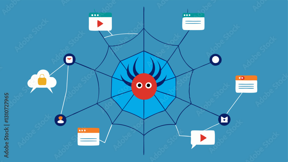 Wall mural social media web a large spider web where each thread is a different social media icon and fake news