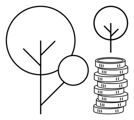 Abstract tree beside stack of coins, visualizing growth, investment, and ecology. Ideal for finance, sustainability, wealth, economics saving green energy economy. Flat simple metaphor