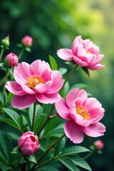 Obraz premium Watercolor blooming peonies in a garden with lush greenery , outdoor, watercolor art, nature