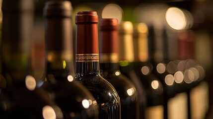 A row of wine bottles in focus, soft background blur; elegance and craftsmanship in every detail.