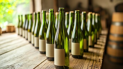 A row of wine bottles in focus, soft background blur; elegance and craftsmanship in every detail.