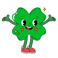 Cartoon retro groovy green shamrock clover leaf, saint Patrick day holiday symbol. Isolated vector symbol of luck, Irish celebration and folklore. Trefoil plant with nostalgic, vintage, hippie vibes 