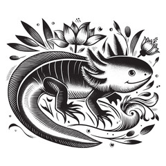 Axolotl illustration in traditional woodcut style with floral ac