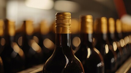 A row of wine bottles in focus, soft background blur; elegance and craftsmanship in every detail.