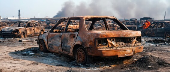 Fototapeta premium Burned cars, industrial background, smoke, disaster
