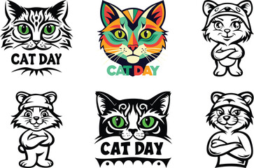 Cartoon and Stylized cat isolated vector icon, Cartoon and Stylized cat silhouette vector art, Cartoon and Stylized cat line art vector design set