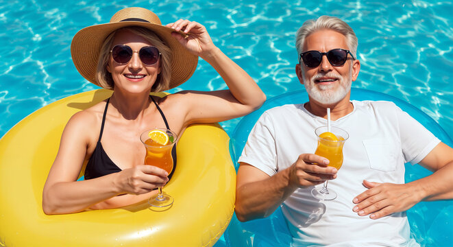 A senior woman and man couple portrait with sunglasses smiling and holding a cocktail relaxing on an inflatable float in a pool. Concept of summer bliss and peaceful relaxation.