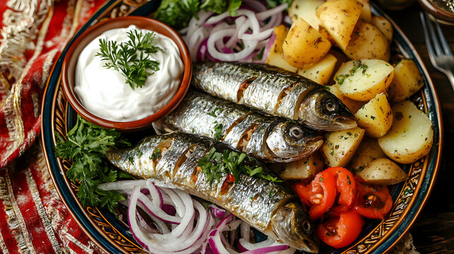 Fermented Herring Served as a Delicacy with Potatoes and Fresh Herbs on a Traditional Plate