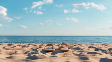 A relaxing beach view with sandals on sand, depicting vacation vibes