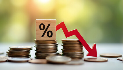 Stacks of coins with wooden blocks percentage symbol (%). A red downward-pointing graph, symbolizing decline or negative trend. Decrease in interest rates, economic downturn, or financial loss concept