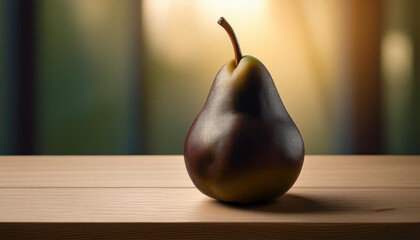 a single ripe pear rests on a light wooden surface bathed in soft natural light its skin shows subtle imperfections adding to its rustic charm