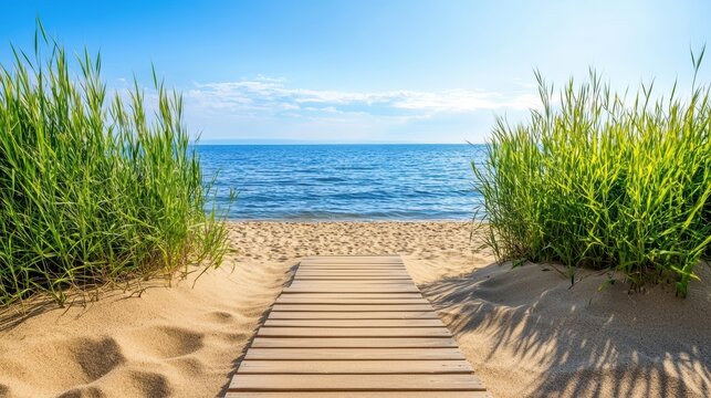 Serene beach pathway leading to tranquil ocean coastal landscape nature photography bright daylight