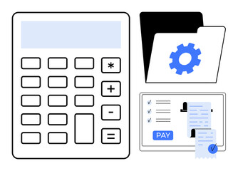 Calculator next to a file folder with a blue gear icon and an electronic device displaying a receipt and payment button. Ideal for finance, accounting, business management, financial planning