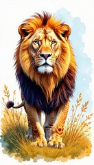 Fototapeta premium Watercolor lion with savannah grass , wildlife, illustration, grass