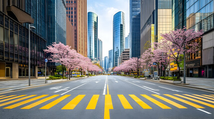 Fototapeta premium Seoul in Spring: Crosswalk Surrounded by Blossoms