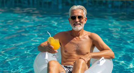 A senior man portrait with sunglasses smiling and holding a cocktail relaxing on an inflatable float in a pool. Concept of summer bliss and peaceful relaxation.
