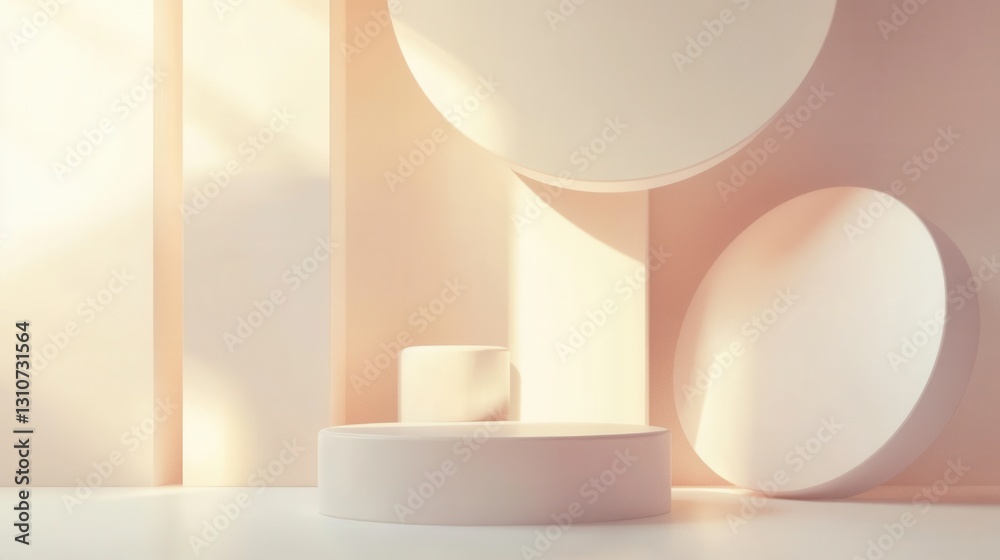 Poster Floating 3D shapes create an elegant and futuristic design against a minimalistic white background with soft shadows and reflections